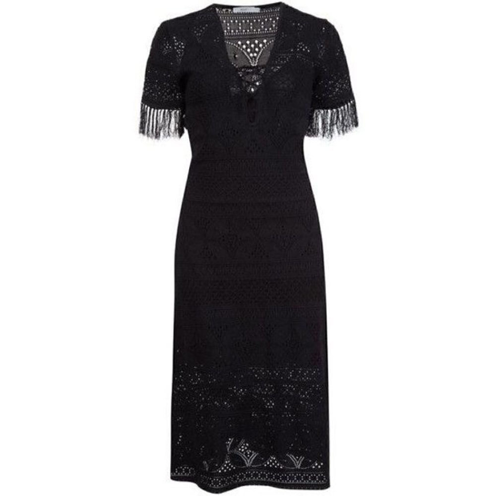 SALE A.L.C. Trevi Black V-Neck Tie-Front Detail Crochet Fringed Midi Dress Large - Picture 3 of 15